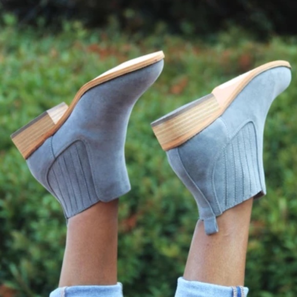HEATHER GREY FAUX SUEDE SLIP ON ANKLE BOOTIE WITH PLEATED DETAIL AND WOOD HEEL - Picture 2 of 5